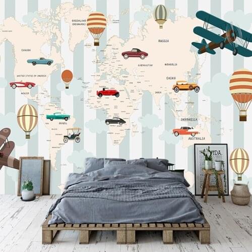 Custom Mural 3D Cartoon Airplane Car Hot Air Balloon World Map Photo Wallpaper For Kids Room Bedroom Decoration Wall Painting