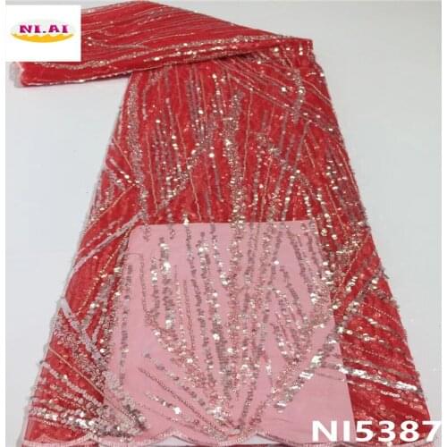 Hot Sale Red Nigerian Sequin Lace Fabric 2021 Latest End Style African Tissue Net Lace Embroidery women African Dresses NI5387-1