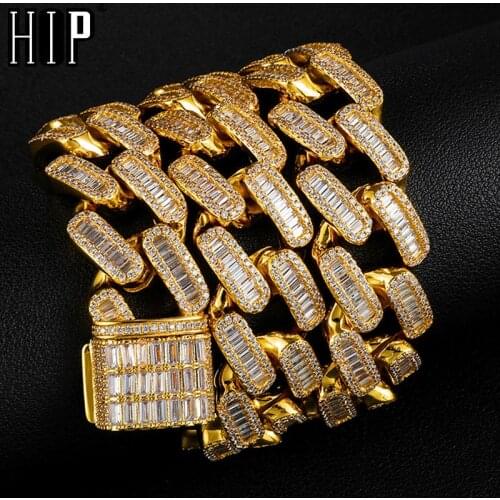 Hip Hop 19MM Baguette Box Buckle Cuban Heavy Copper Prong Setting AAA+ Cubic Zirconia Stones Necklace For Men Jewelry
