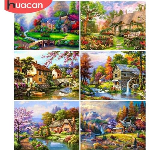 Huacan Diamond Embroidery Landscape Handmade Diamond Painting Village Needlework Mosaic Cross Stitch Home Decor