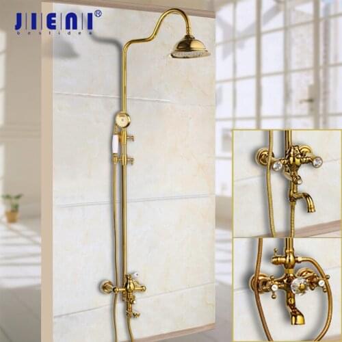 JIENI Golden Plated Solid Brass Bathroom Bathtub Shower Set Rainfall Shower Head Crystal Dual Handles Shower Faucet Mixer Tap