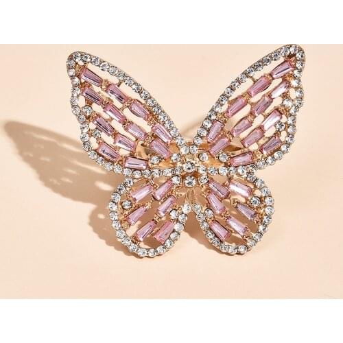 New Simple Full Rhinestone Butterfly Ring Vintage Pink Gold Finger Adjustable Ring For Women Fashion Jewelry Wedding Gifts