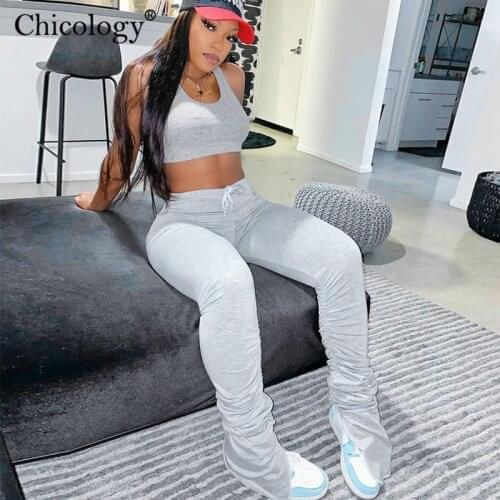 Chicology stacked pants two pieces set 2020 fashion 2 pc matching club outfits crop top women winter fall sexy tracksuit clothes