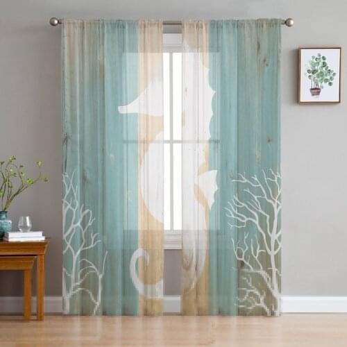 Marine Life Pattern Wooden Sea Horse Silhouette Tulle Curtains for Living Room Decoration Chiffon Sheer Voile Kitchen Curtain