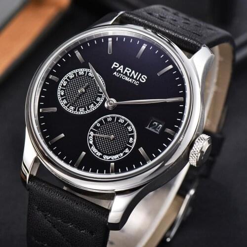 Parnis 43mm Black Dial Automatic Mechanical Mens Watch Luxury Brand Fashion Power Reserve Waterproof Wristwatch Men