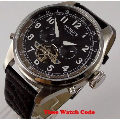 48mm PARNIS Automatic movement Flywheel Mens Watch Black dial day indicator week display luminous hands marks Arabic numerals