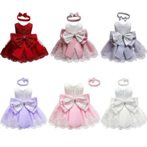 New Baby Princess Girls Dress Headband 6 Colors Sleeveless Lace Bow Flowers Dress Wedding Party Kids Clothes 0-24M