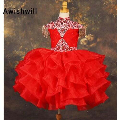 New Arrival Red Communion Dresses Short Beadings Organza High Neck Girl Pagenat Dress Ball Gown Party Flower Girl Dresses