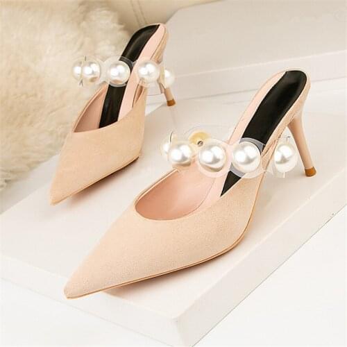 Pointed Toe Suede High Heels Muller Slippers Womens Transparent Pearl Slip On Elegant Shoes Summer Shallow Dress Female Sandals