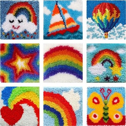 Smyrna Flower Latch Hook Kit Mats Cushion Pillow DIY Crafts Rainbow Cushion Embroidery Latch Hook Rug Needlework Button Packages