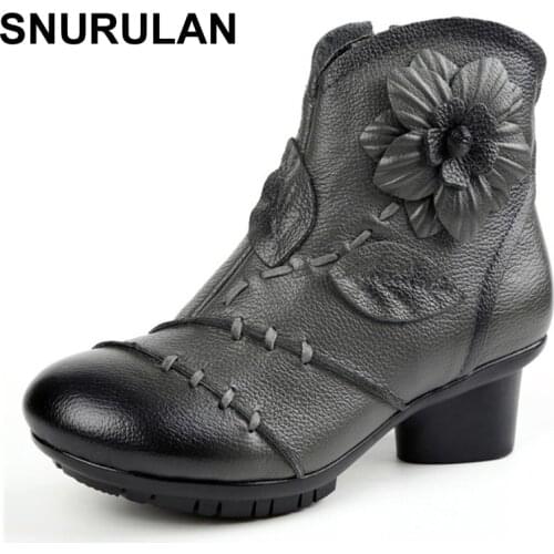 SNURULAN High Quality Mujer Chaussure Women Genuine Leather Boots Casual Ladies Martin Shoes Flat Boots Pushi Large Size Shoes