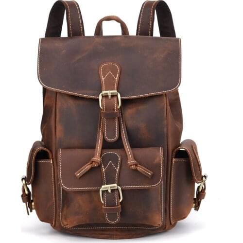 Vintage European Style Genuine Leather Drawstrings Bag COOL Fashion Natural Crazy Horse Leather Men Backpack