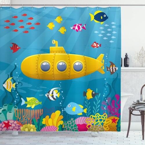 Yellow Submarine Shower Curtain Marine Coral Reef Drape Set for Bathroom 12 Hooks Cortinas de Baño וילון אמבטיה