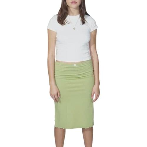 Womens Bodycon Midi Skirt Casual High Waist Solid Color Side Slits with Wooden Ears Knee Hip-wrapped Length Pencil Skirt Summer