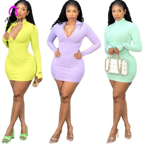 Fitness Women Mini Dress Solid Long Sleeve Zipper Fly Mock Neck Bodycon Dress 2021 Autumn Outfits Sexy Night Club Party Vestidos