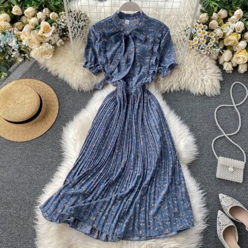 2020 Bow Vintage ruffles floral print Dress Summer Party Midi Long dress chiffon Women high waist pleated beach elegant Dresses