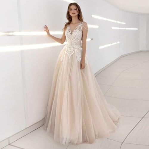 New Sheer V-Neck Lace Appliques A-Line Women Wedding Dress Beading Bandage Back With Buttons Back Robe De Mariee Spring Vestidos