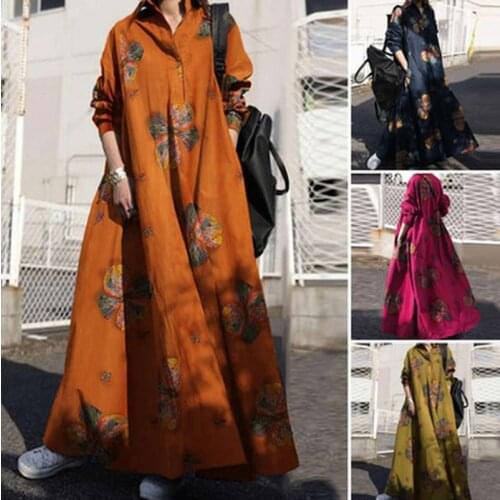ZITY Autumn Fashion Womens Retro Printed Loose Long Sleeve Dress Dubai Turkish Ethnic Style Casual Big Swing Robe 5XL