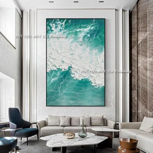 100% Hand painted Modern Green canvas Ocean Oil Paintings Seaside Large wall Abstract art picture Living Room home Decoration