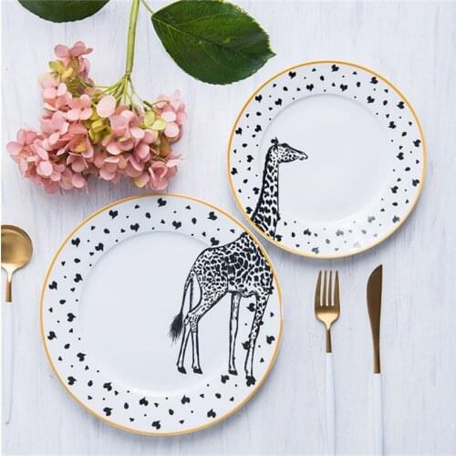 2Pcs Ceramic Dinner Plates Set Animal Combined Fox Elk Giraffe Zebra Pattern Dish Steak Breakfast Cake Fruits Tableware 8/10inch
