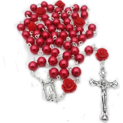 6mm Rose Flower Rosary Beads Necklace Christian Virgin Mary Cross Jesus Pendant Necklace for Women Catholic Jewelry Gift