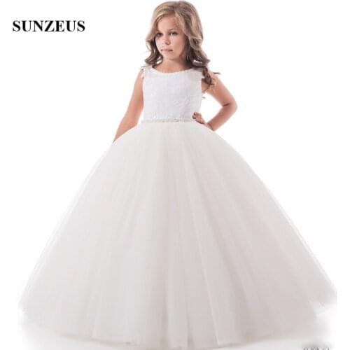 Ball Gown Princess Flower Girls Dresses Beaded Waist Girls Lace Wedding Party Dress Open Back Graduation Gowns Children S1499