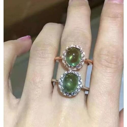 Free Shipping 100% Natural Ice Grapevine Prehnite Ring 925 Sterling Silver inlay 7*9mm