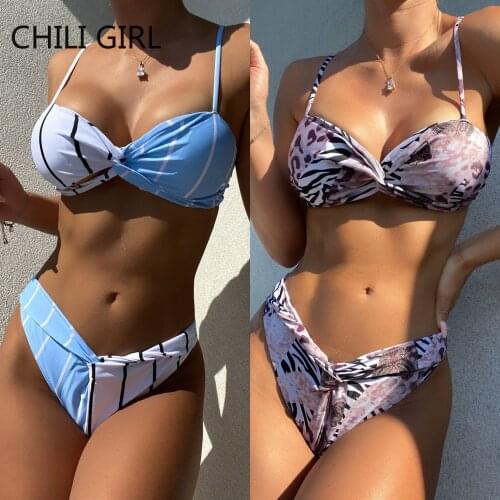 CHILI GIRL Push Up Bikinis 2021 Halter Swimsuit Twisted Swimwear Women Biquini Summer Sexy Bikini Set Knotted Bathing Suit