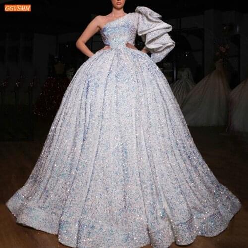 Sparkly One Shoulder Wedding Dress White Long Sleeves Sequines Lace Up Bride Dresses Top Quality Custom Made 2020 Robe De Mariee