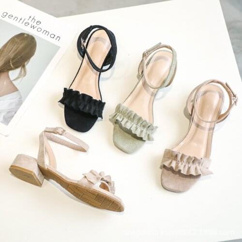 Ruffles flock open toe sandals women buckle med high heels gladiator sandalias summer slingback square toe beach shoes femme2020