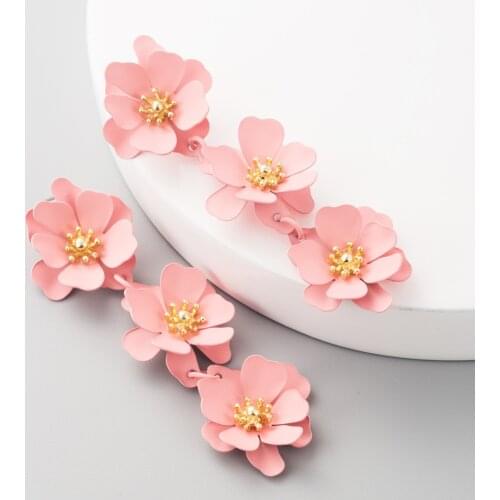 Korean Long Three Flower Drop Earrings For Women Summer Colorful Beach Party Metal Statement Earring Girl Gift Jewelry