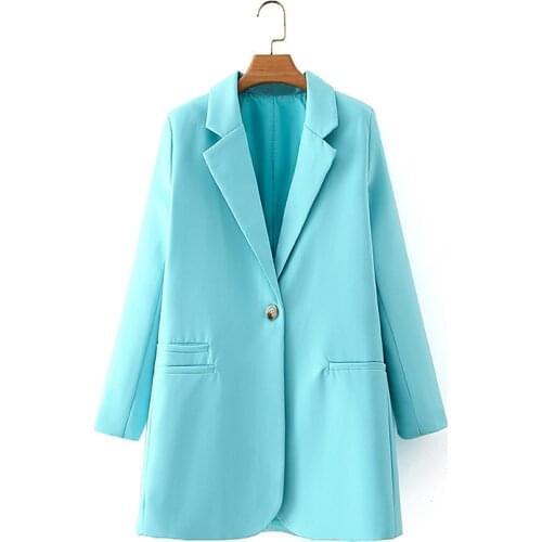 Elegant women solid blue blazer 2021 office ladies pocket jackets casual female slim long suits chic girl notched blazer