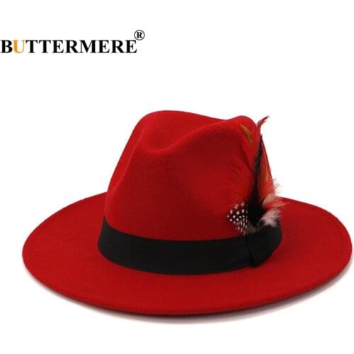 BUTTERMER Women Red Wide Brim Wool Felt Fedora Panama Hat with Feather Men Jazz Trilby Cap Party Church Formal Top Hat