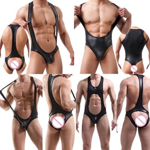 Jumpsuit Mens Bodysuits Open Butt Penis Pouch Lingerie Jumpsuit Faux Leather Catsuits Leotard Gay Wrestling Singlet Undershirts
