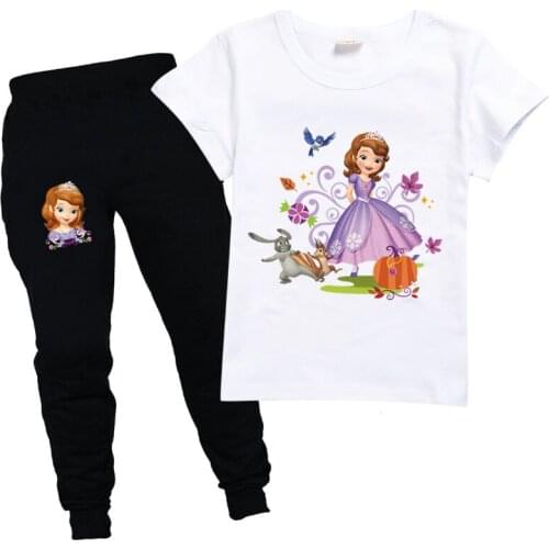 Disney Sofia Kids Clothing Set Summer Cotton Short-sleeved T-Shirt + Trousers Children Suit Boy Girls Outdoor Casual Sportswear