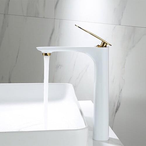 Bathroom Basin Faucets Brass Sink Mixer Taps Hot & Cold Lavatory Crane Vessel Faucets Deck Mounted Single Handle White & Gold