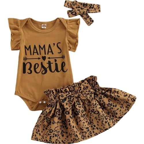 3Pcs Fashionable Little Girls Outfit, Round Collar Fly Sleeve Letter Printing Romper + Leopard Print Short Skirt + Headwear