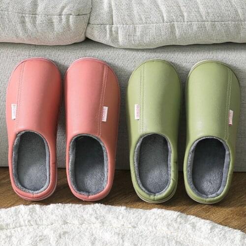 Men And Women Couple PU Leather Slippers Solid Color Simple Home Winter Non-Slip Slippers Lady Cotton Warm Indoor Shoes