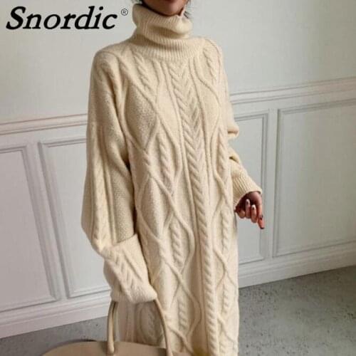 2021 Women Autumn Winter Turtleneck Knitted Long Sweater Dress Oversize Twist Knitting Pullover Jumper Dresses