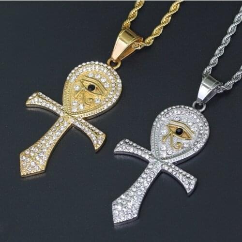Stainless Steel Cross Necklace Ancient Egyptian Horus Eye Pendant Hip Hop Jewelry