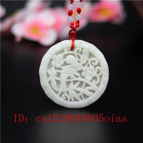 Natural White Chines Jade Flower Bird Pendant Necklace Charm Jewellery Fashion Accessories Carved Amulet Gifts for Women Men