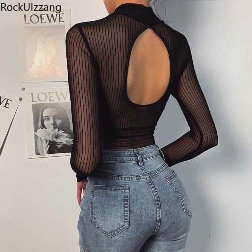 See Through Transparent Striped Sexy Black Turtleneck Hollow Backless One-piece Bodysuit Long Sleeve Romper Jumpsuit Party Club