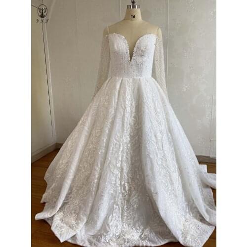 Luxury Wedding Dresses Illusion O Neck Deep V Beaded Heavily Long Sleeve Ball Gown Bling Bling Vestidsos De Novias