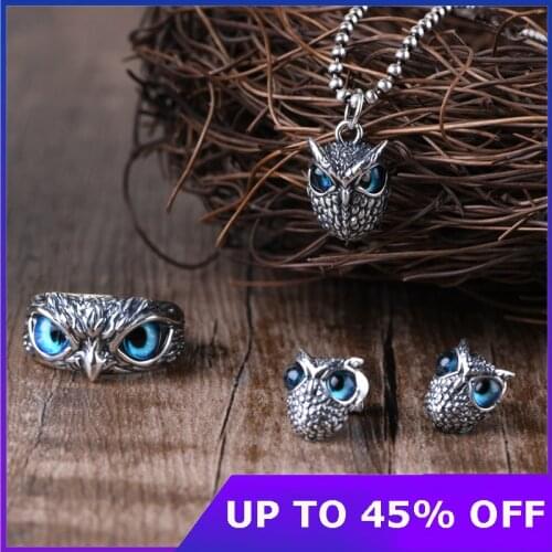 S925 Sterling Silver Vintage Cute Men and Women Simple Design Owl Ring Thai Silver Engagement Wedding Rings Pendant Jewelry Set
