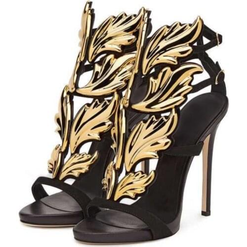 Hot sell women high heel sandals gold leaf flame gladiator sandal shoes party dress shoe woman patent leather leaf sandals