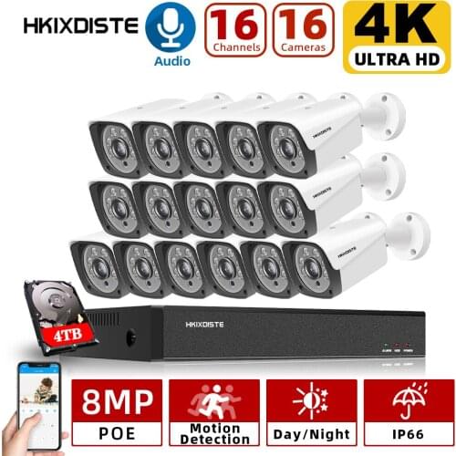 4K H.265 16CH 8MP HD POE NVR Kit CCTV System Outdoor Waterproof Audio AI IP Camera P2P Video Security Surveillance Set 4TB HDD