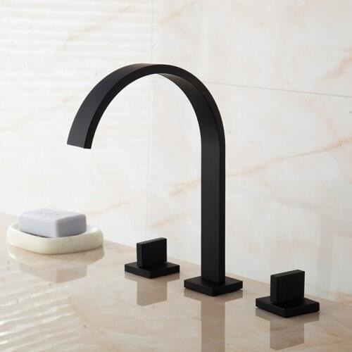 Deck Mounted Double Handle Bathroom Sink Mixer Crane Hot and Cold Water Taps 3 Pieces Square Bathroom Faucets 3 hole