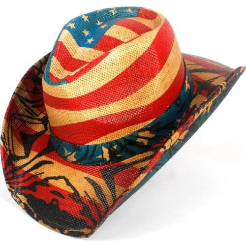 Shapable Toyo Straw Cowboy Hat Women Men Trim Band Western Cowgirl, USA American Flag ,Natural, Windproof Rope Sun Hat