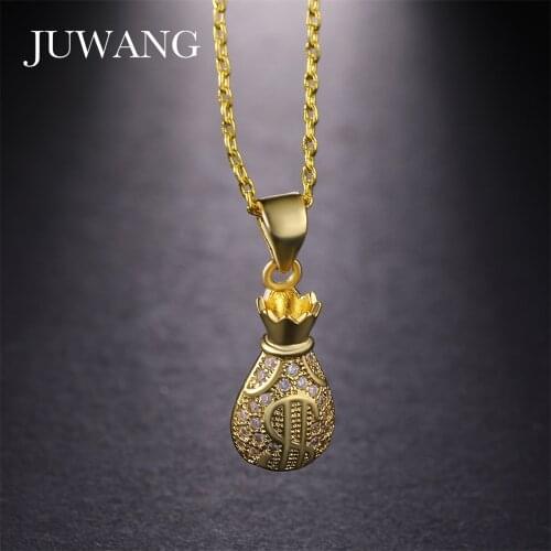 JUWANG Dollar Sign Money Amulet Bag Pendants Necklace AAA Zircon For Woman Men Gold Color Necklace Jewelry