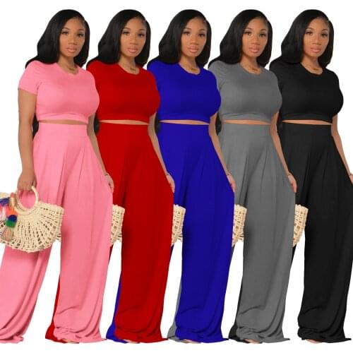 Loose Solid Color Short-sleeved Wide-leg Pants Suit Two-piece Set O-neck Navel Crop Top Long Pants Casual Suit Joggers Women Set